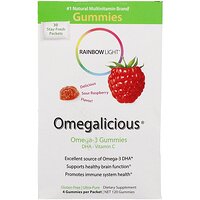 Omegalicious, жевательные конфеты с омега-3 жирными кислотами и малиной, 30 пакетиков по 4 жевательных конфеты в каждом, Rainbow Light 