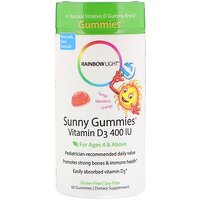 Sunny Gummies, вітамін D3, терпкий мандарин і апельсин, для дітей віком від 4 років, 400 МО, 60 жувальних цукерок, Rainbow Light