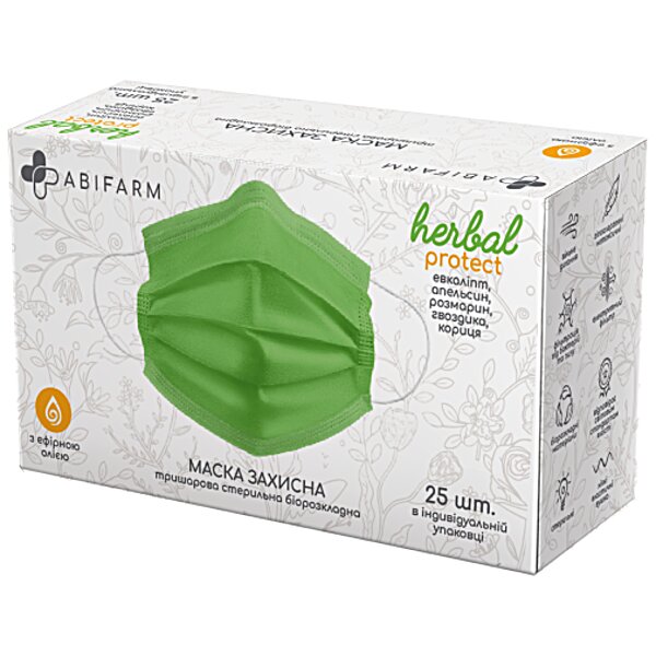 Защитная маска Abifarm HERBAL PROTECT с эфирным маслом, 3-слой стер биоразлагаемая (25 шт. в короб)