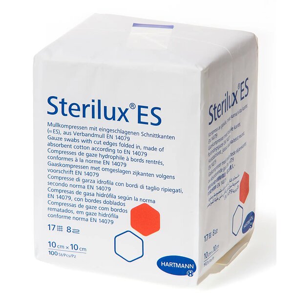Марлевые салфетки с подвернутыми обрезной кромкой с абсорбирующей хлопчатобумажной ткани  Sterilux ES, 10см х 10см, нестерильные, 100шт. в упаковке