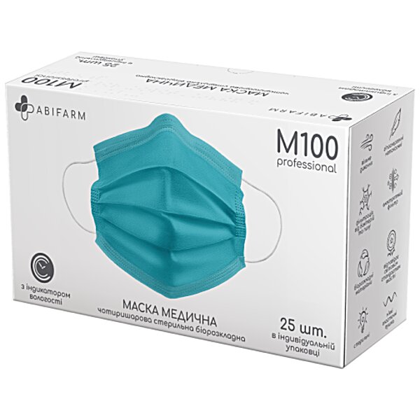 Медицинская маска Abifarm М100 professional с индикатором влажности, 4-слой стер биоразлагаемая (25 шт