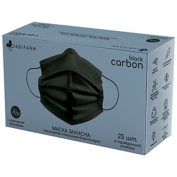 Защитная маска Abifarm BLACK CARBON с угольным фильтром, 3-слой стер биоразлагаемая (25 шт в короб)