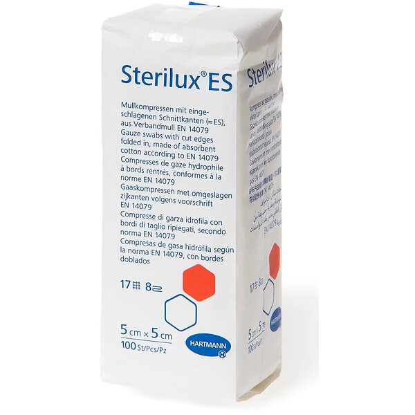 Марлеві серветки з обрізною кромкою з абсорбуючої бавовняної тканини Sterilux ES, 5см х 5см, нестерильні, 100шт. в упаковці