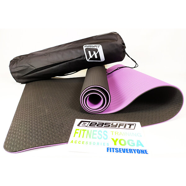 Коврик для йоги и фитнеса EasyFit TPE+TC 6 мм двухслойный + Чехол черный с фиолетовым S53-1110