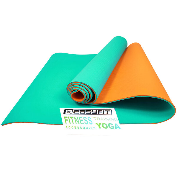 Коврик для йоги и фитнеса EasyFit TPE+TC 6 мм двухслойный бирюзовый-оранжевый S53-1446