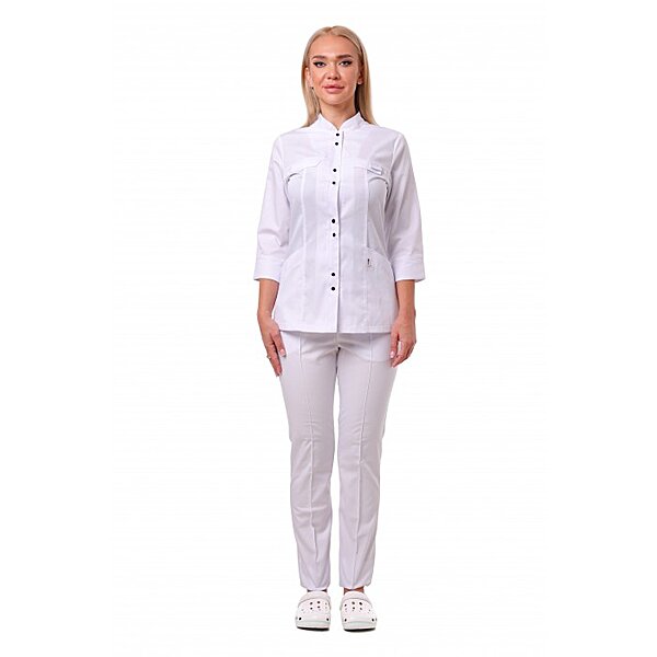Медицинский костюм Пекин женский комбинированный белый с белым, кнопка темно синяя №633061 S69-180